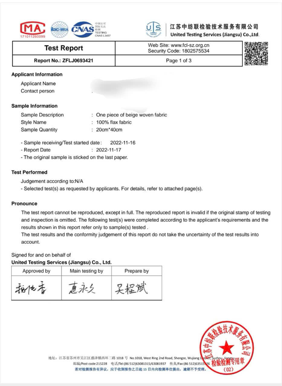 COA – Certificate of Analysis - Linen Việt Nam