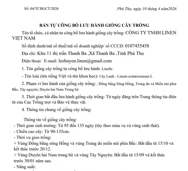 Bản tự công bố lưu hành giống cây trồng